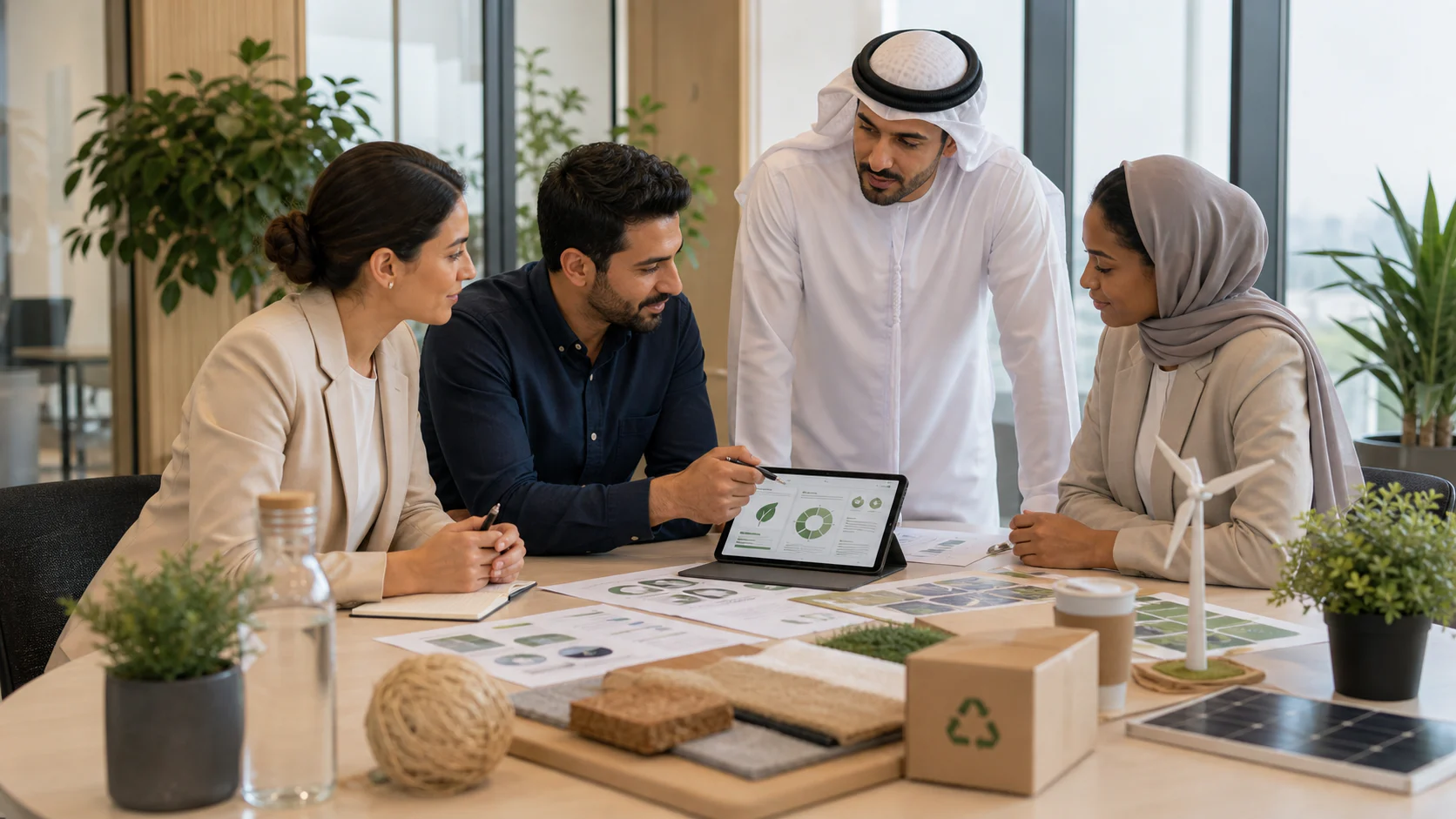 Team planning a responsible business initiative around a table